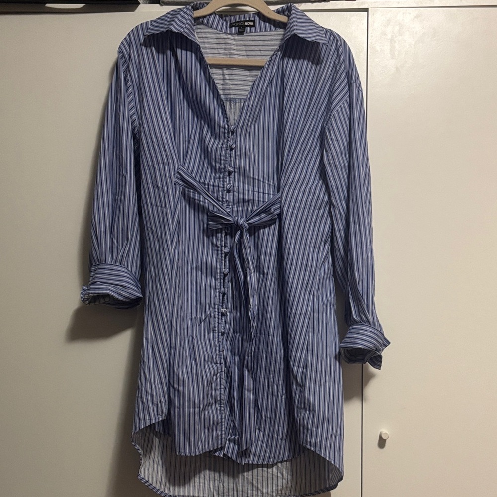 Fashion Nova Blue and White Striped Button Down Shirt